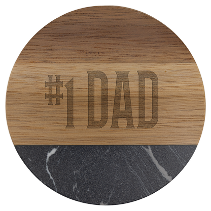 Personalized round acacia wood coaster with black marble accent, engraved