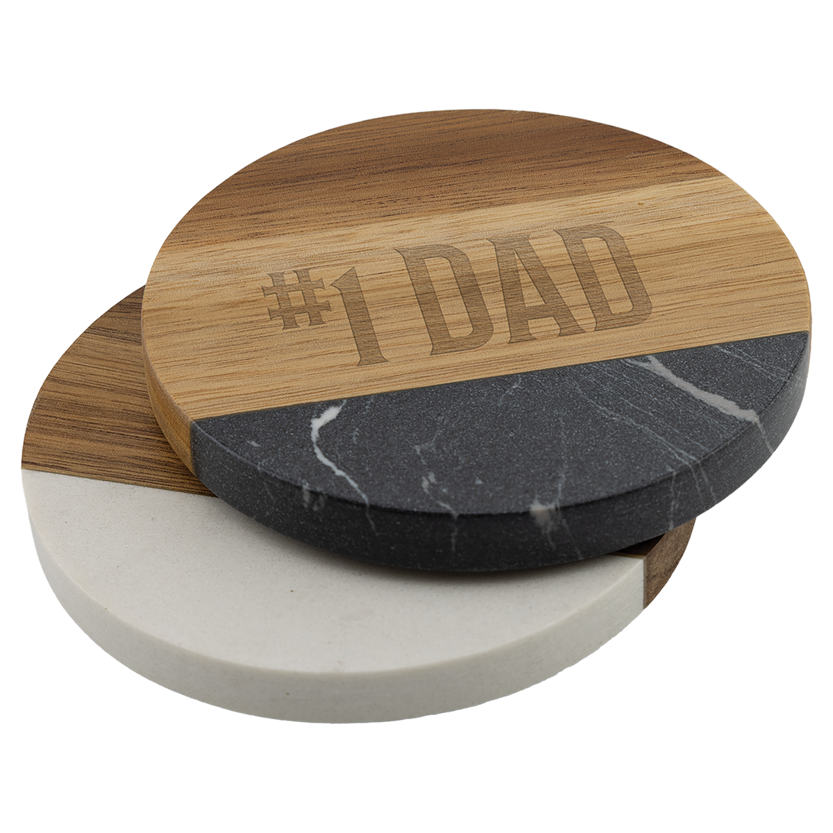 Stack of engraved round acacia and marble coasters