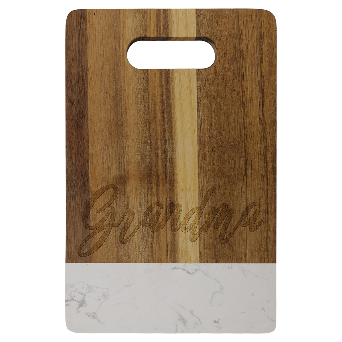 Personalized 9 x 6 inch acacia wood cutting board with white marble accent, engraved