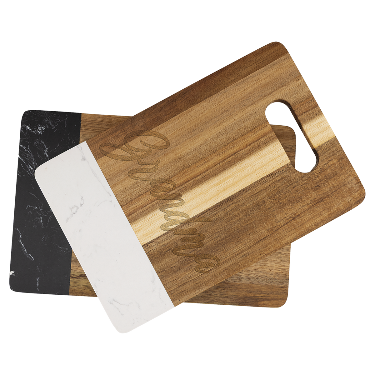 Engraved 9 x 6 inch acacia cutting boards with white and black marble