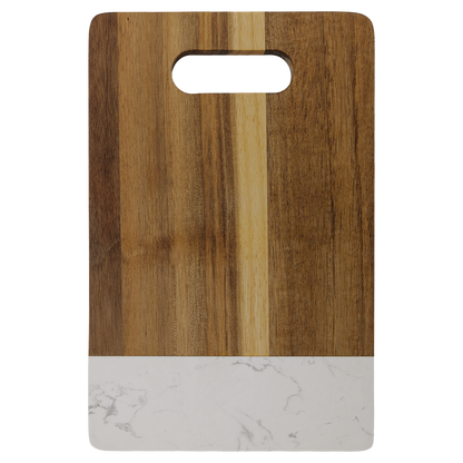 9 x 6 inch acacia wood cutting board with white marble accent and handle