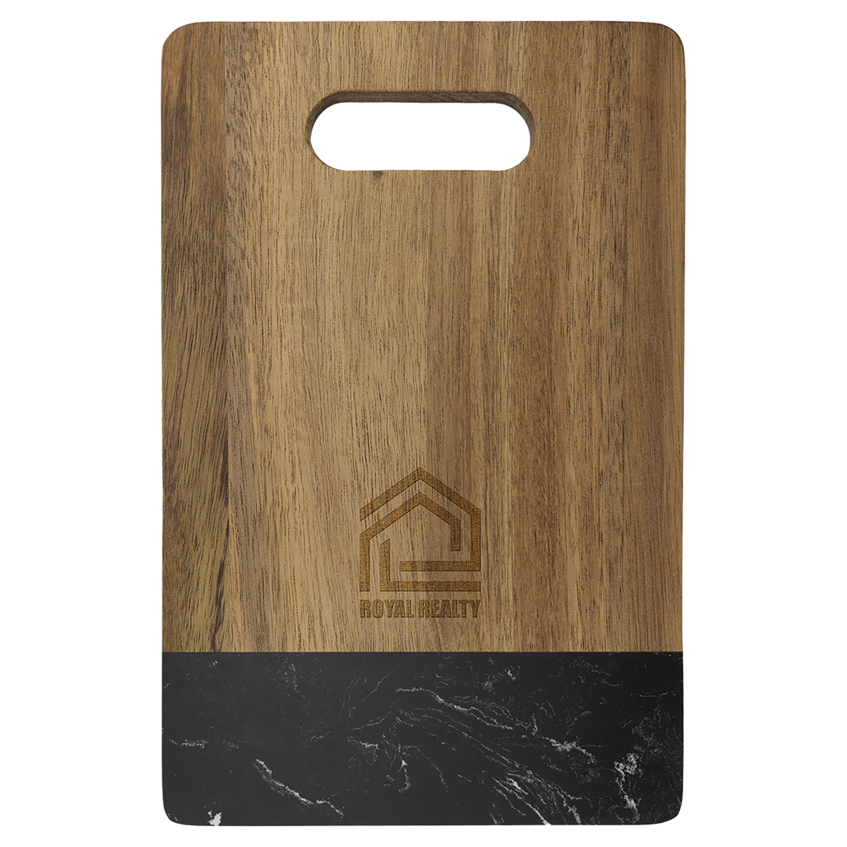 Personalized 9 x 6 inch acacia wood cutting board with black marble accent, engraved