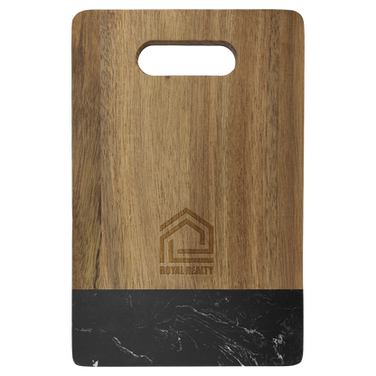 Personalized 9 x 6 inch acacia wood cutting board with black marble accent, engraved