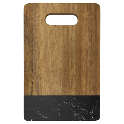 9 x 6 inch acacia wood cutting board with black marble accent and handle