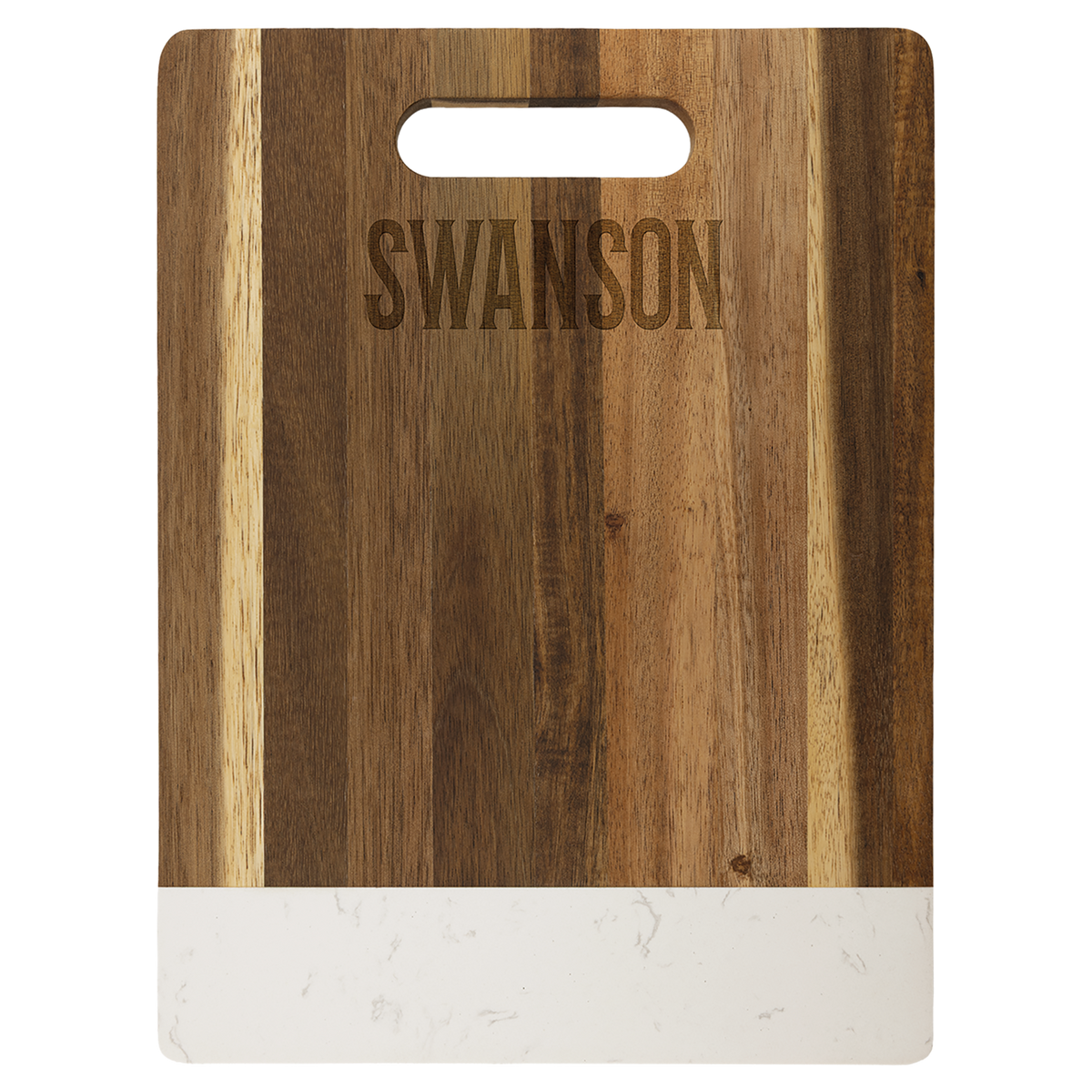 Personalized 11 1/2 x 8 3/4 inch acacia wood cutting board with white marble accent, engraved