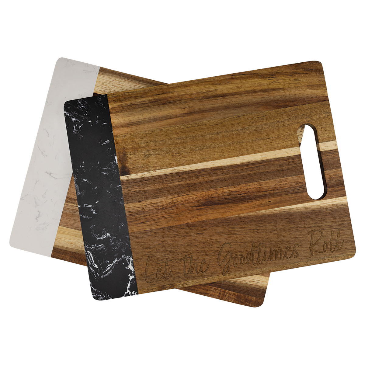 Engraved 11 1/2 x 8 3/4 inch acacia cutting boards with white and black marble