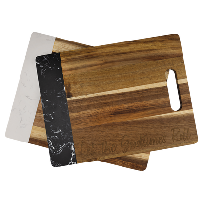 Engraved 11 1/2 x 8 3/4 inch acacia cutting boards with white and black marble