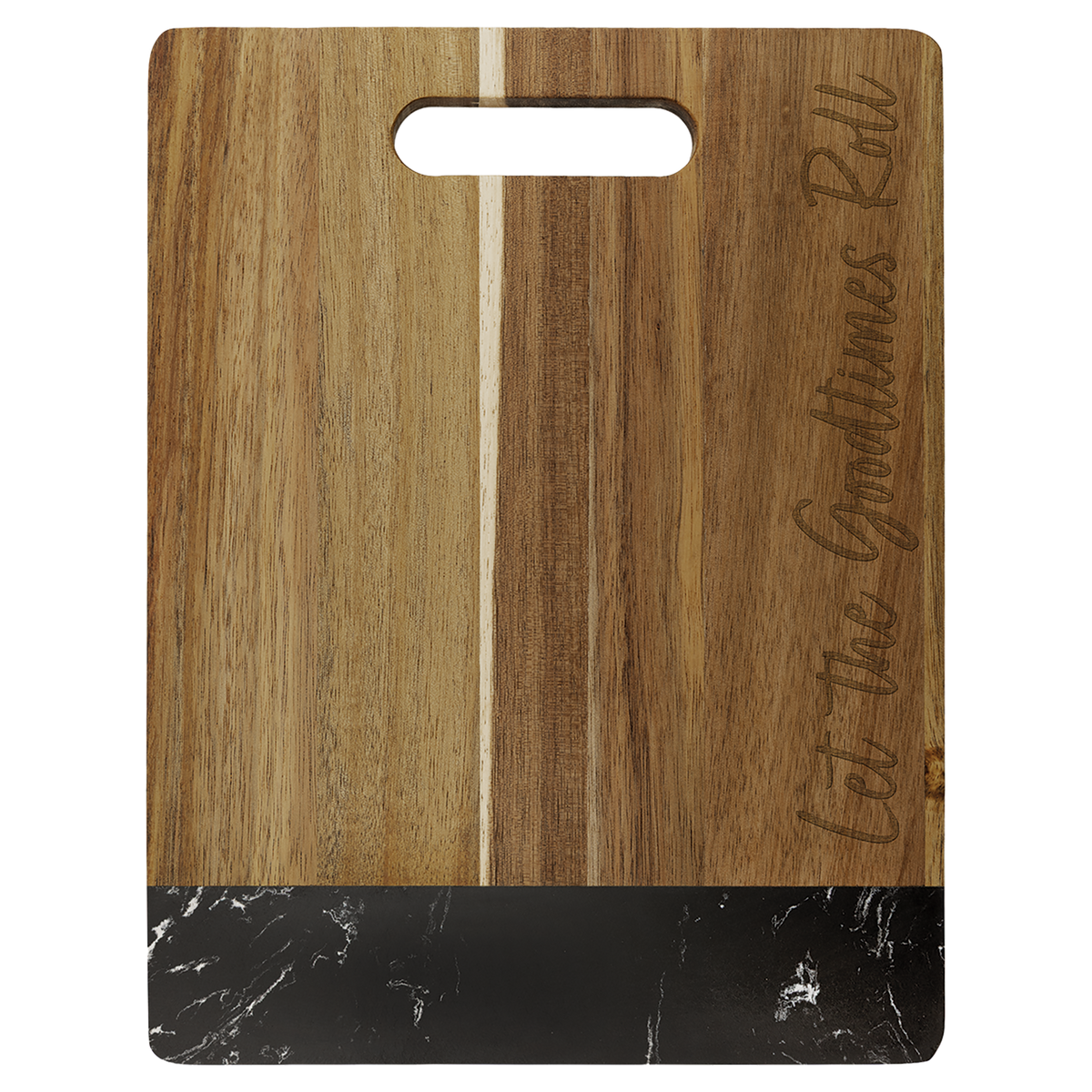 Personalized 11 1/2 x 8 3/4 inch acacia wood cutting board with black marble accent, engraved