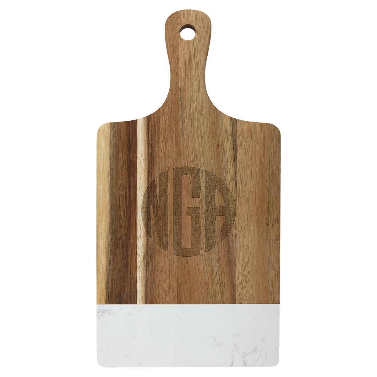 Personalized 13 1/2 x 7 inch acacia wood paddle cutting board with white marble accent, engraved