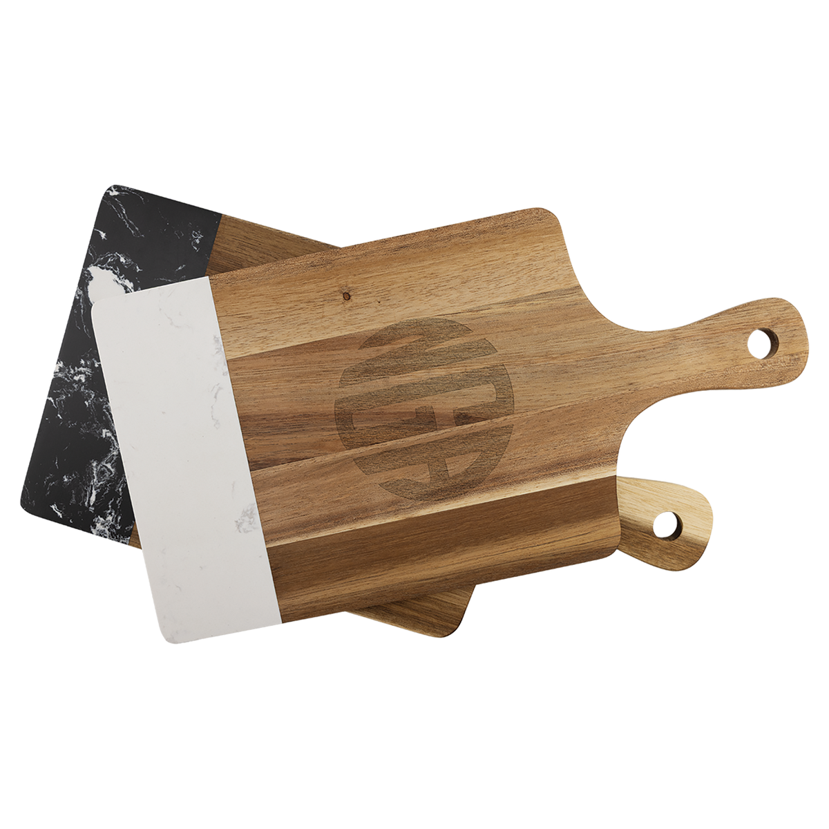 Engraved acacia paddle boards with white and black marble