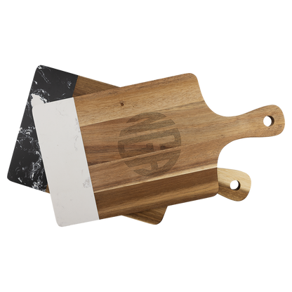 Engraved acacia paddle boards with white and black marble
