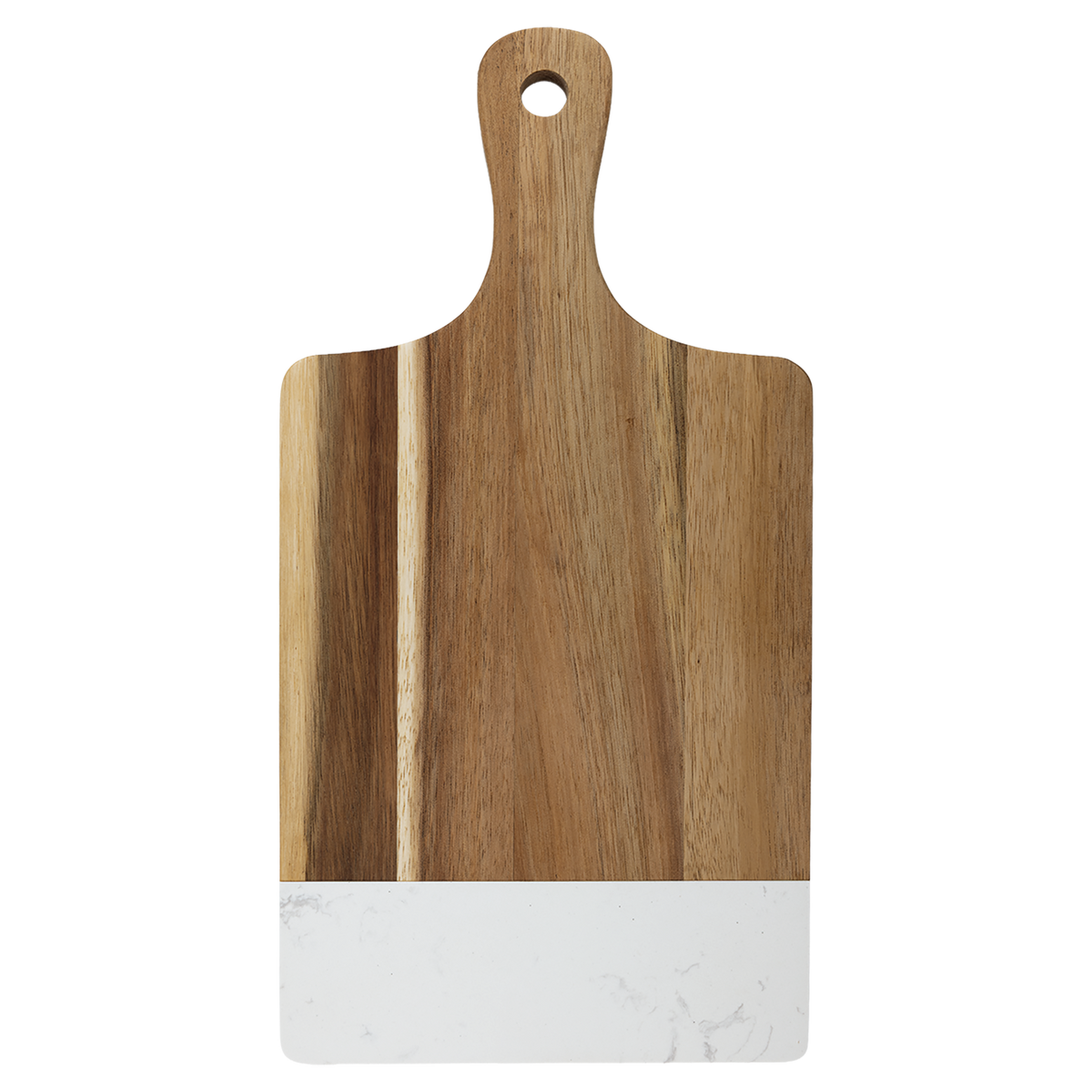 13 1/2 x 7 inch acacia wood paddle board with white marble accent