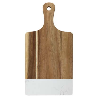 13 1/2 x 7 inch acacia wood paddle board with white marble accent