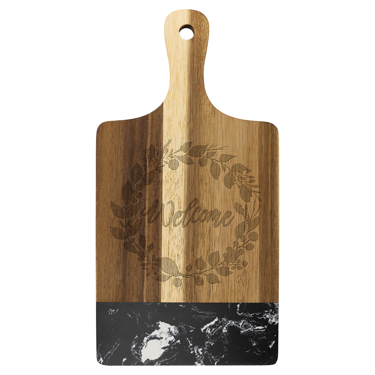 Personalized 13 1/2 x 7 inch acacia wood paddle cutting board with black marble accent, engraved