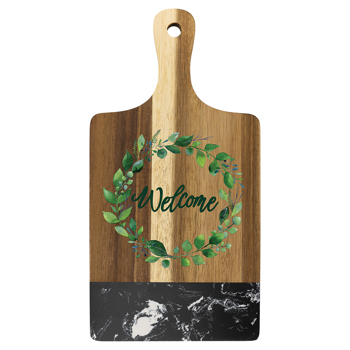 Engraved acacia and black marble paddle board styled with food