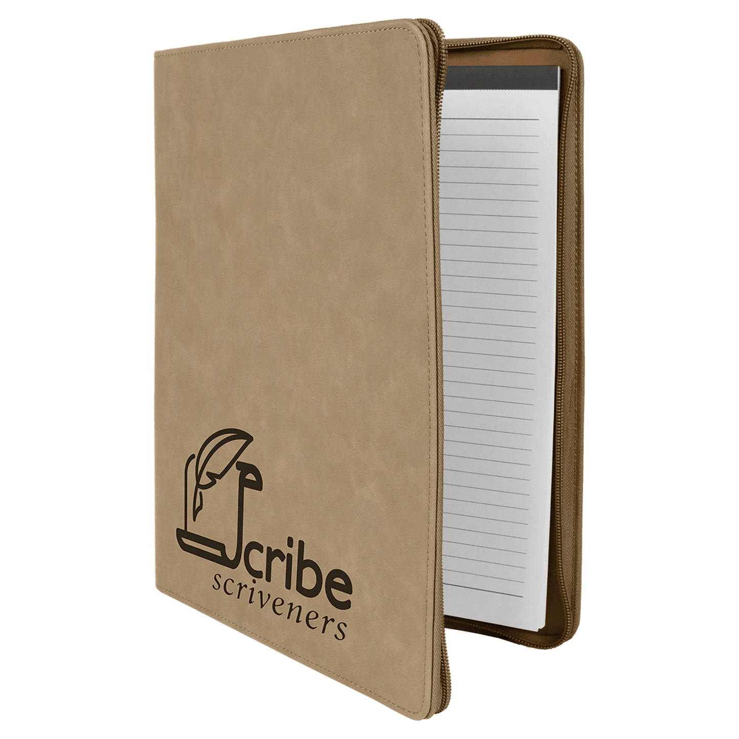 Light Brown zippered leatherette portfolio with notepad