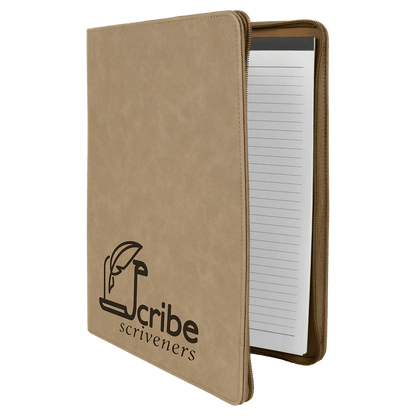 Light Brown zippered leatherette portfolio with notepad
