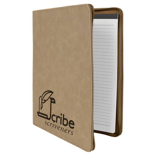 Light Brown zippered leatherette portfolio with notepad