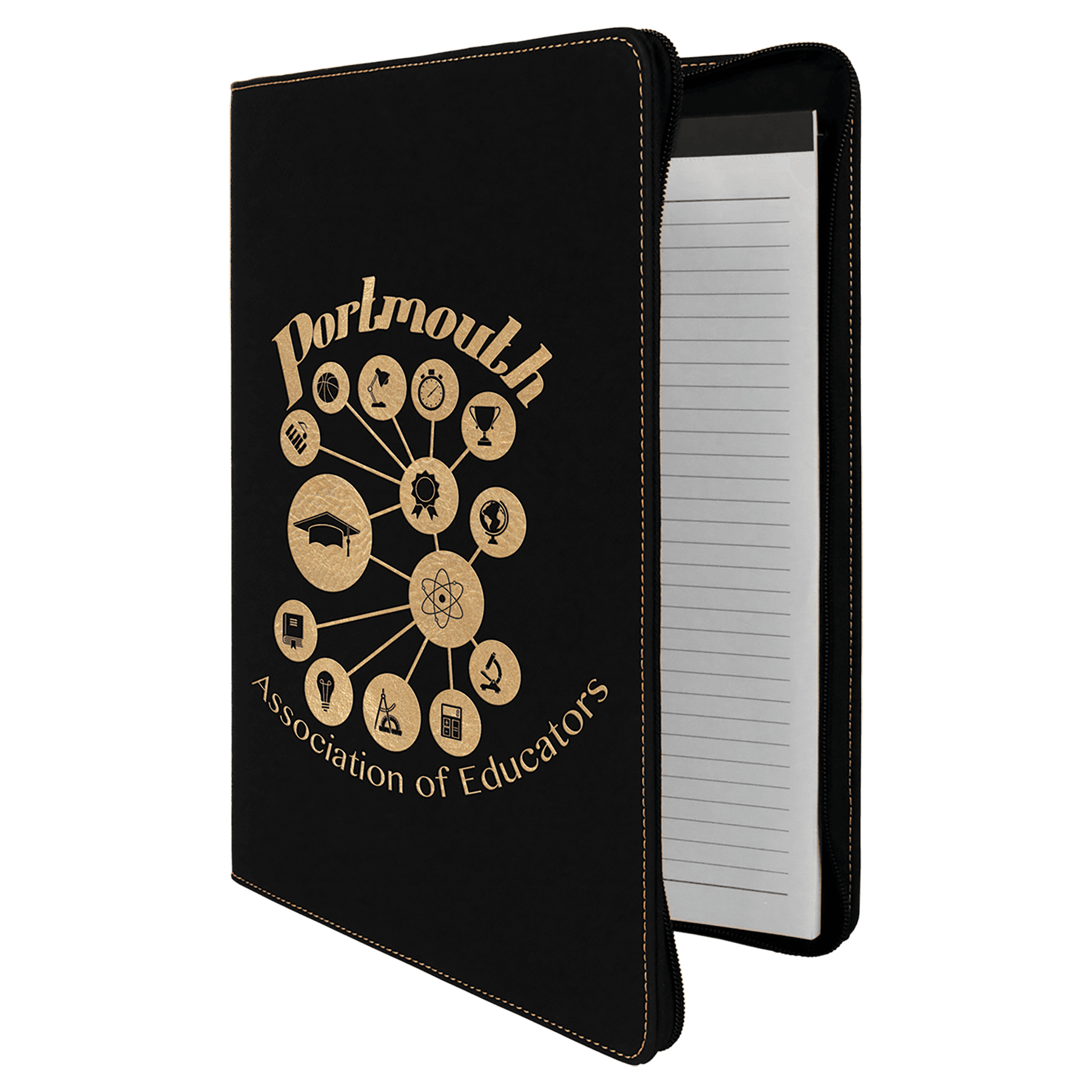 Black/Gold zippered leatherette portfolio with notepad