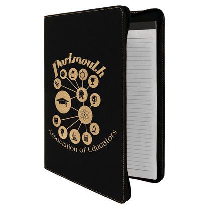 Black/Gold zippered leatherette portfolio with notepad