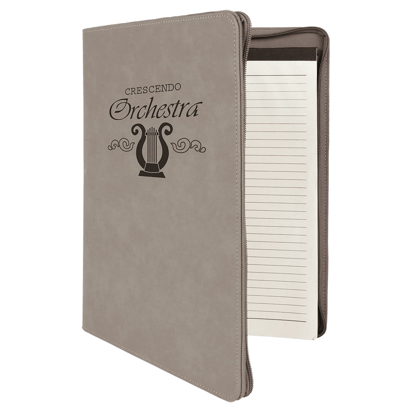 Gray zippered leatherette portfolio with notepad
