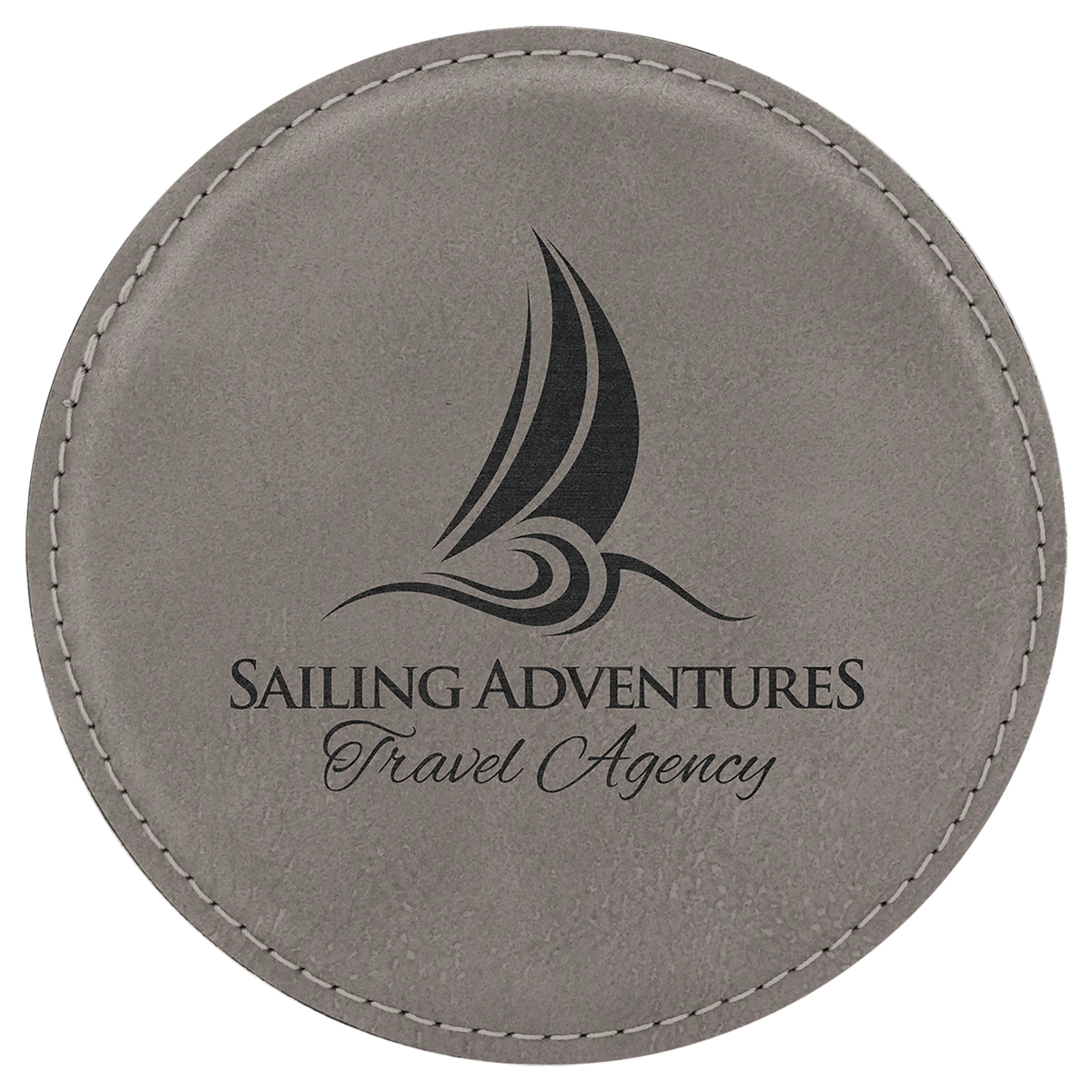 Personalized 4 inch round gray leatherette coaster