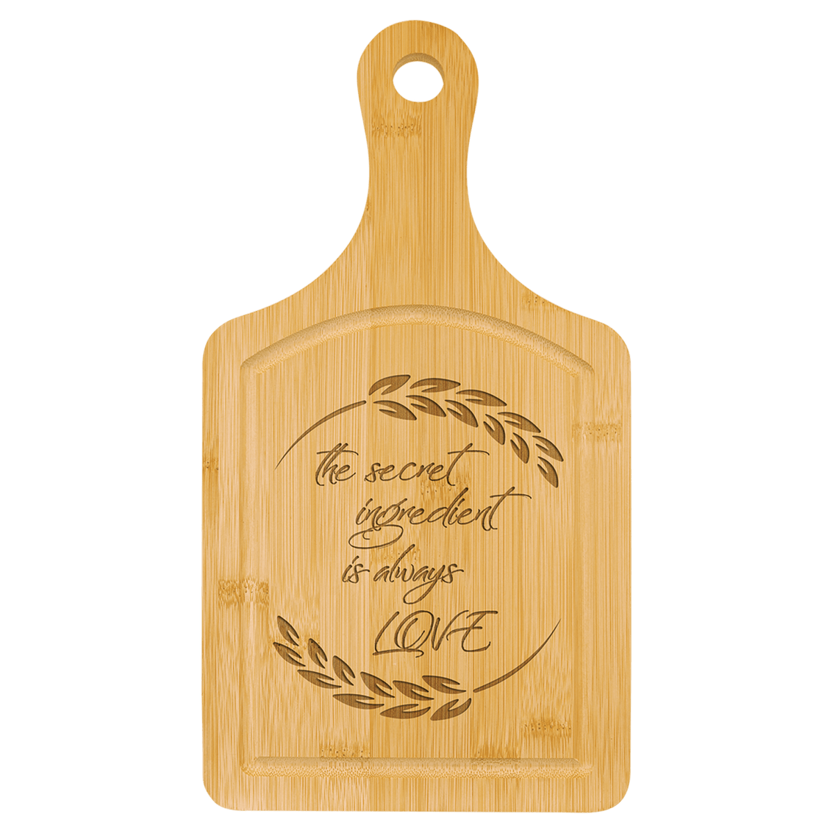 Small 13½″ × 7″ personalized bamboo paddle cutting board with juice groove