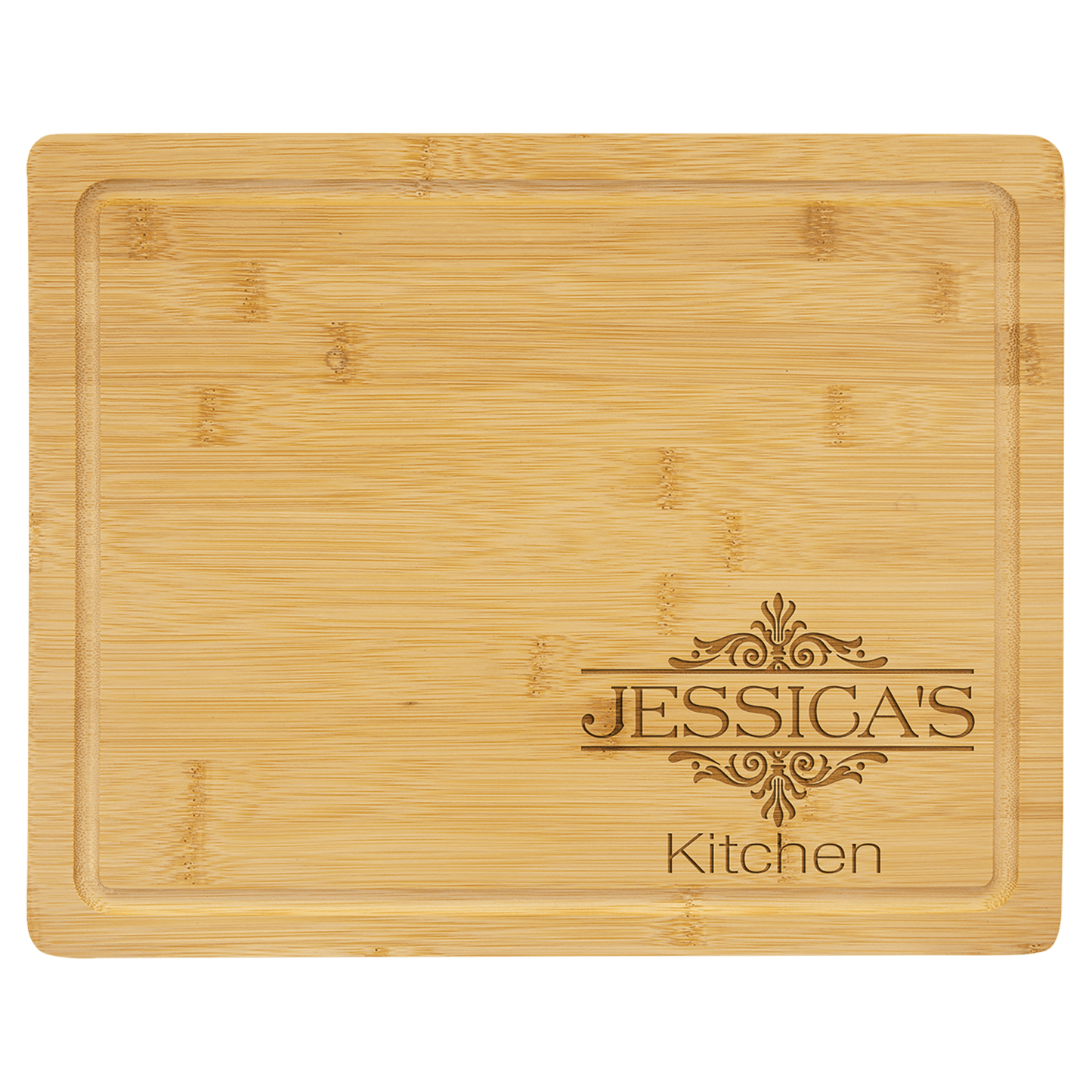Personalized bamboo cutting board with juice groove, 13¾ x 11 inches, engraved