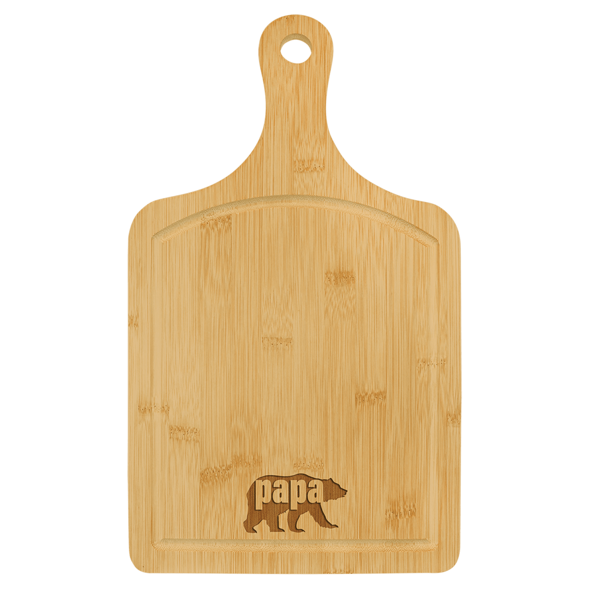 Large 15½″ × 9″ personalized bamboo paddle cutting board with juice groove