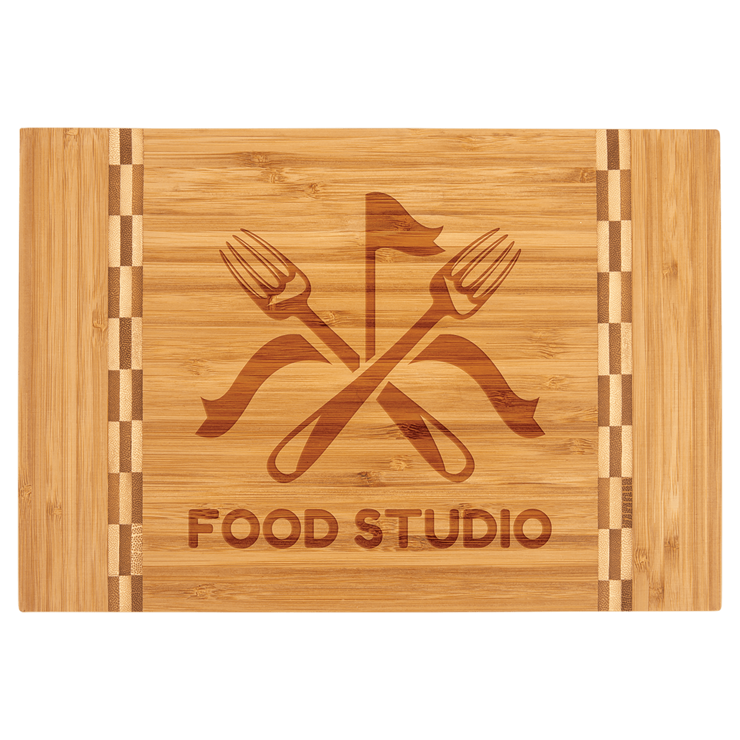 Personalized bamboo cutting board with butcher block ends, 12 x 8¼ inches, engraved
