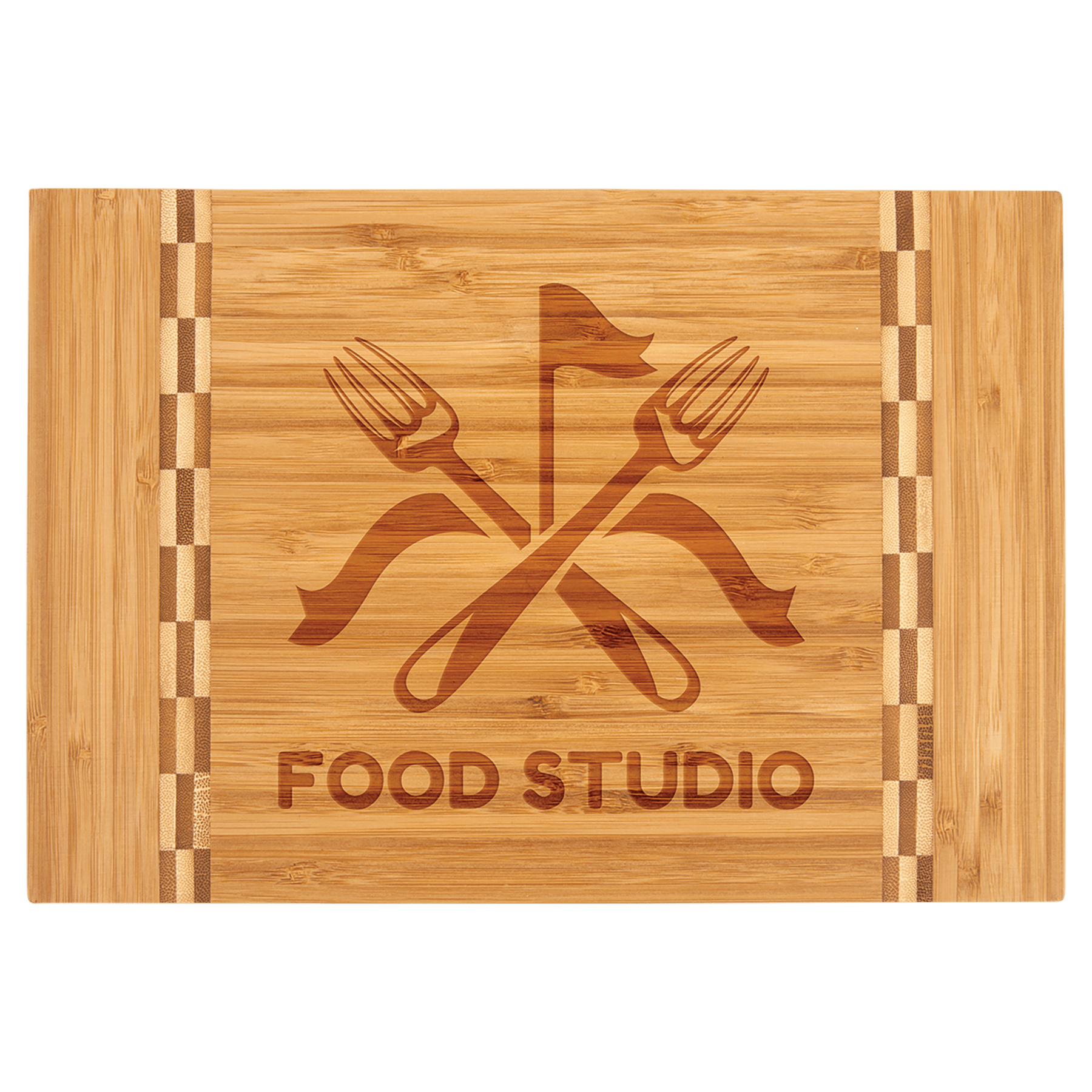 Personalized bamboo cutting board with butcher block ends, 12 x 8¼ inches, engraved