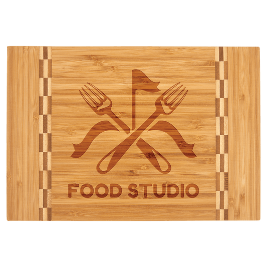 Personalized bamboo cutting board with butcher block ends, 12 x 8¼ inches, engraved