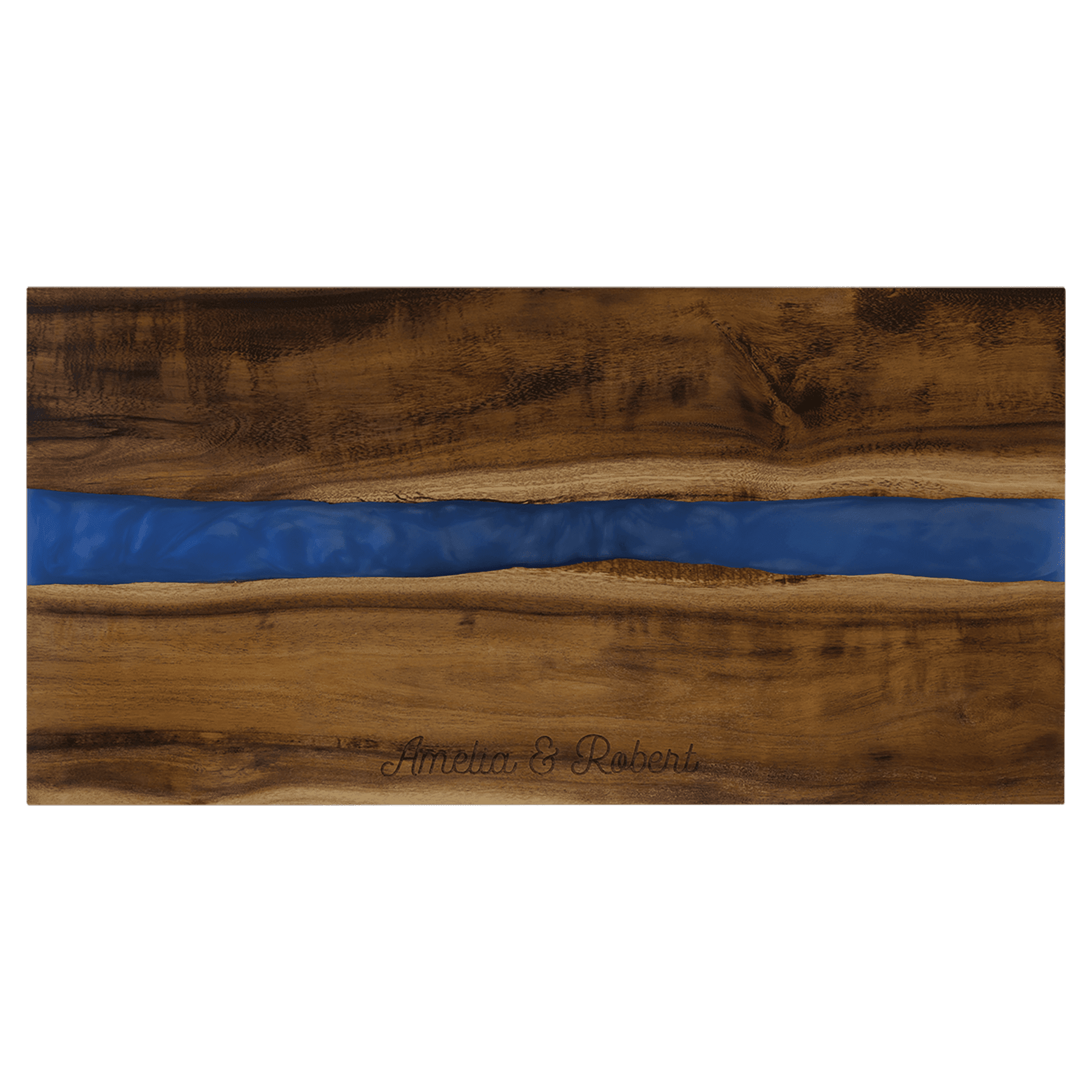 Wooden cutting board with a blue resin inlay on a transparent background