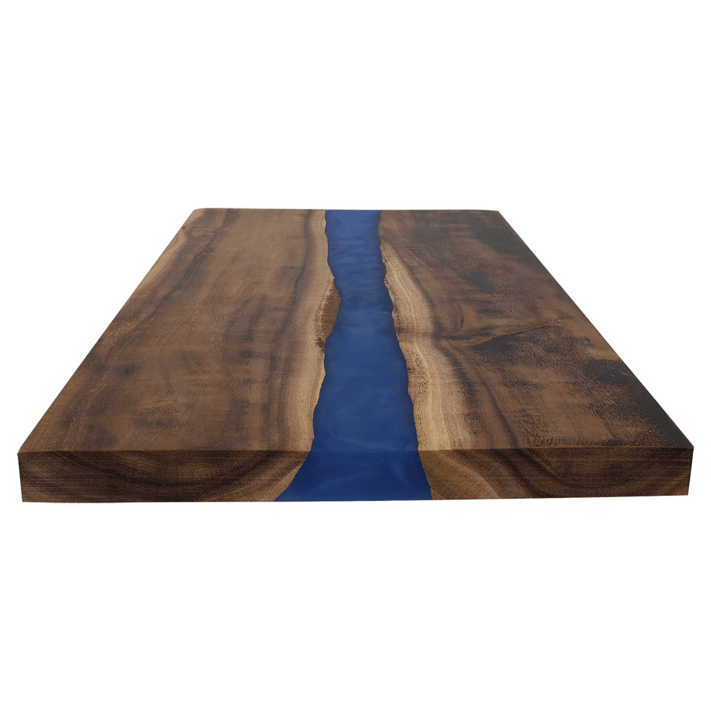 Wooden cutting board with a blue resin design on a transparent background