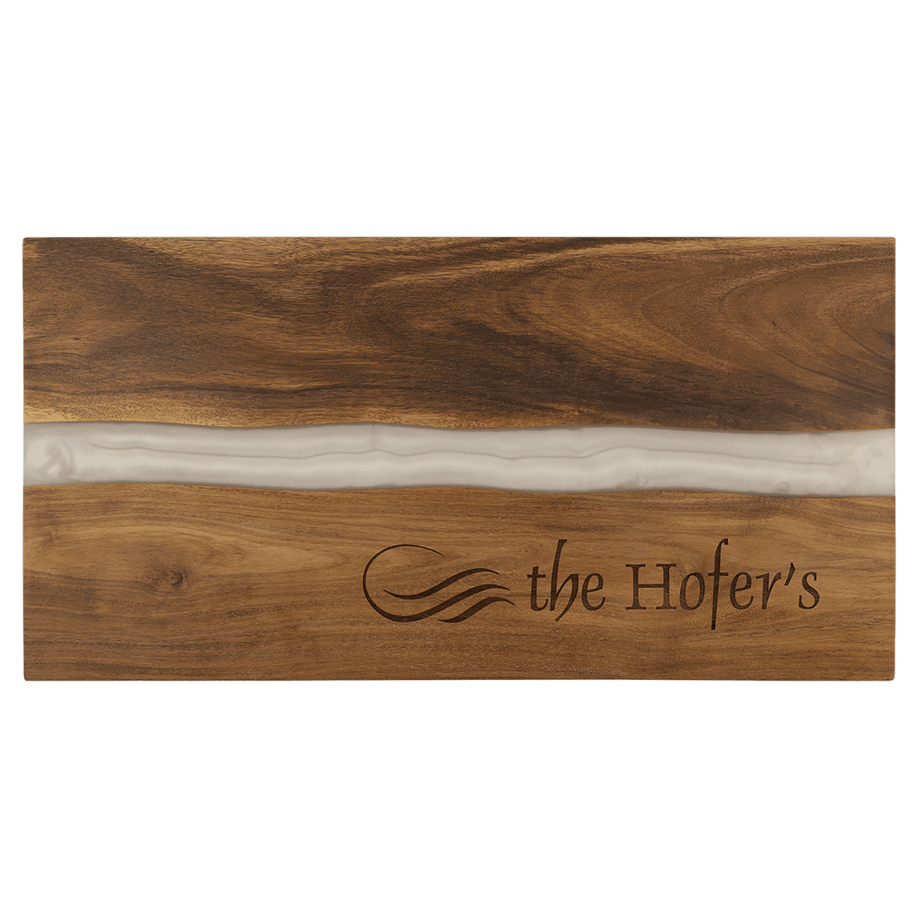 Wooden cutting board with 'the Hofer's' branding on a clear background
