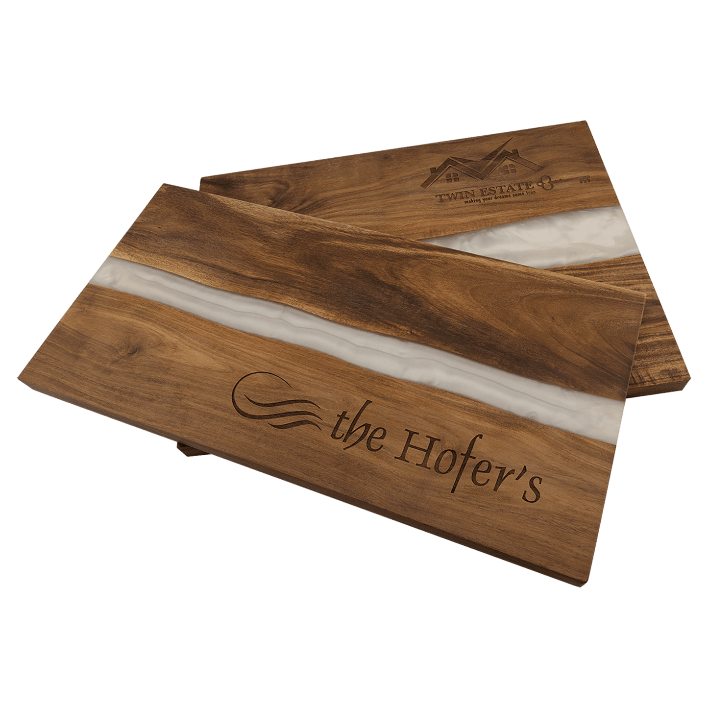Two wooden cutting boards with 'the Hofer's' branding on a transparent background