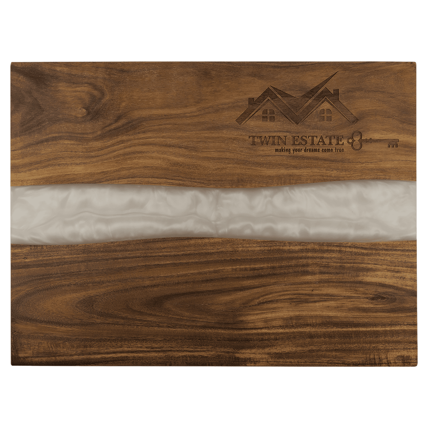 Wooden cutting board with white marble inlay and 'Twin Estate' branding.