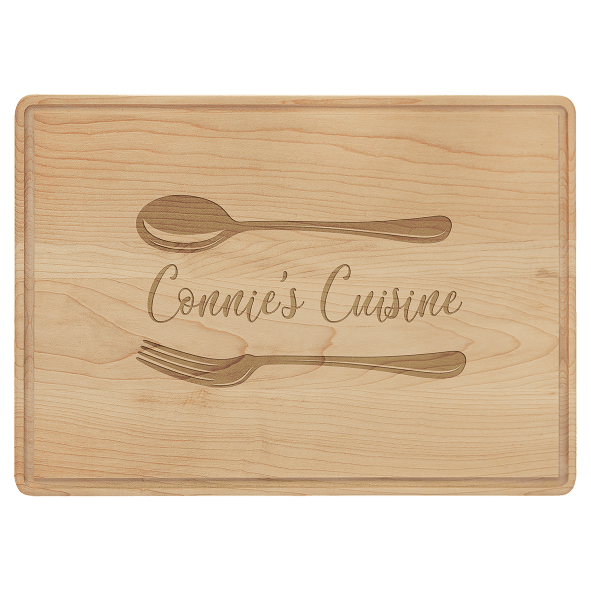 Large 13¾″ × 9¾″ personalized maple cutting board with juice groove