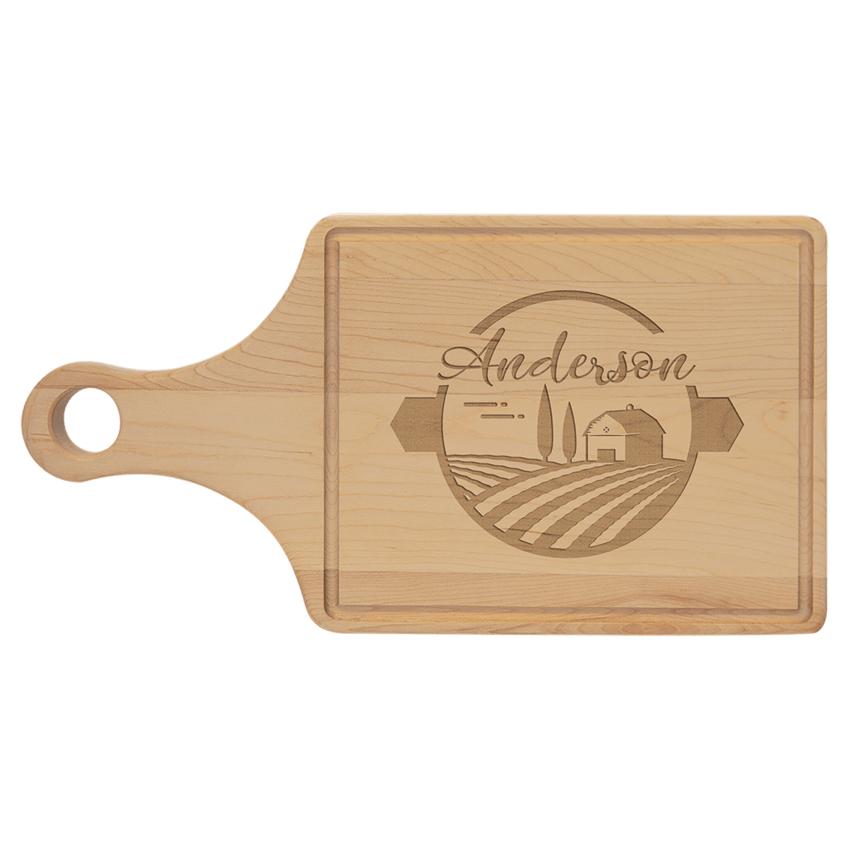 personalized maple paddle cutting board with juice groove