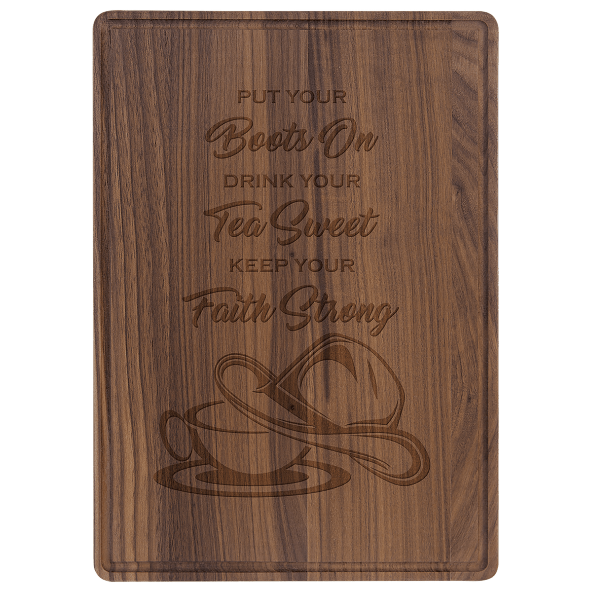 Large 13¾″ × 9¾″ personalized walnut cutting board with juice groove