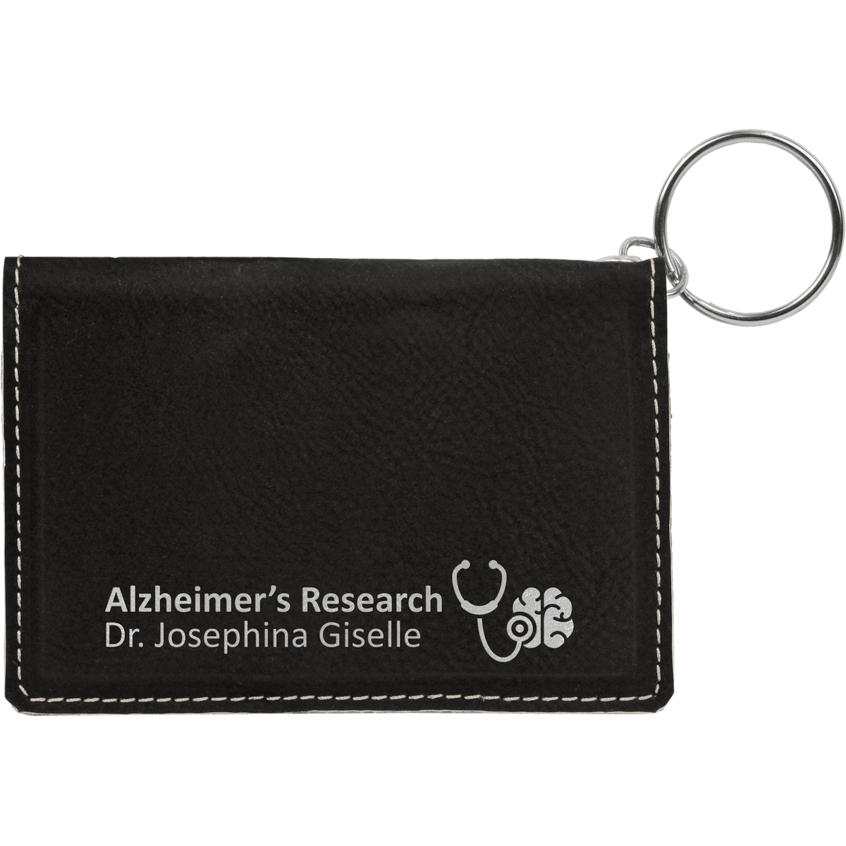 Personalized black/silver leatherette ID holder keychain