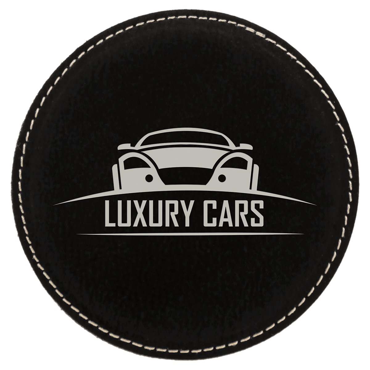 Personalized 4 inch round black/silver leatherette coaster