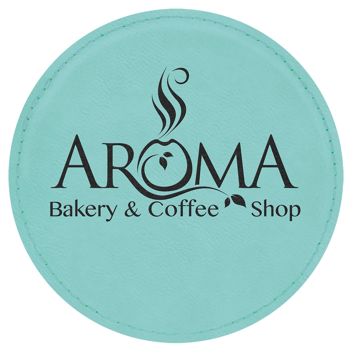 Personalized 4 inch round teal leatherette coaster