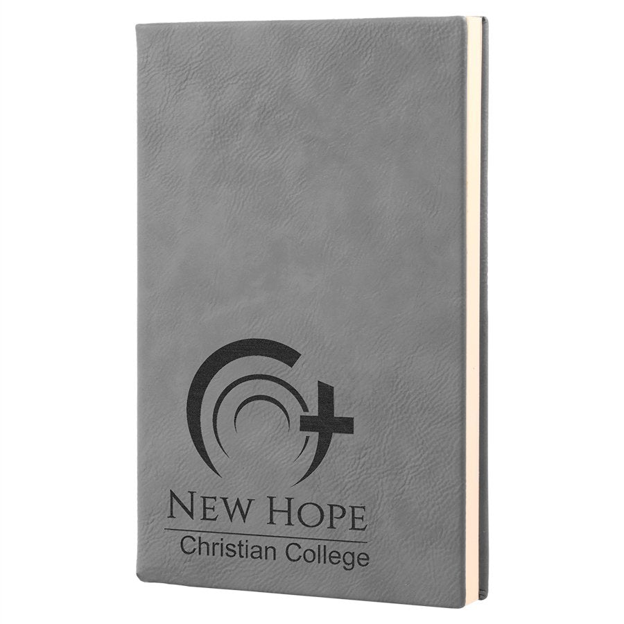 Personalized gray leatherette journal with lined pages, 5.25 x 8.25 inch