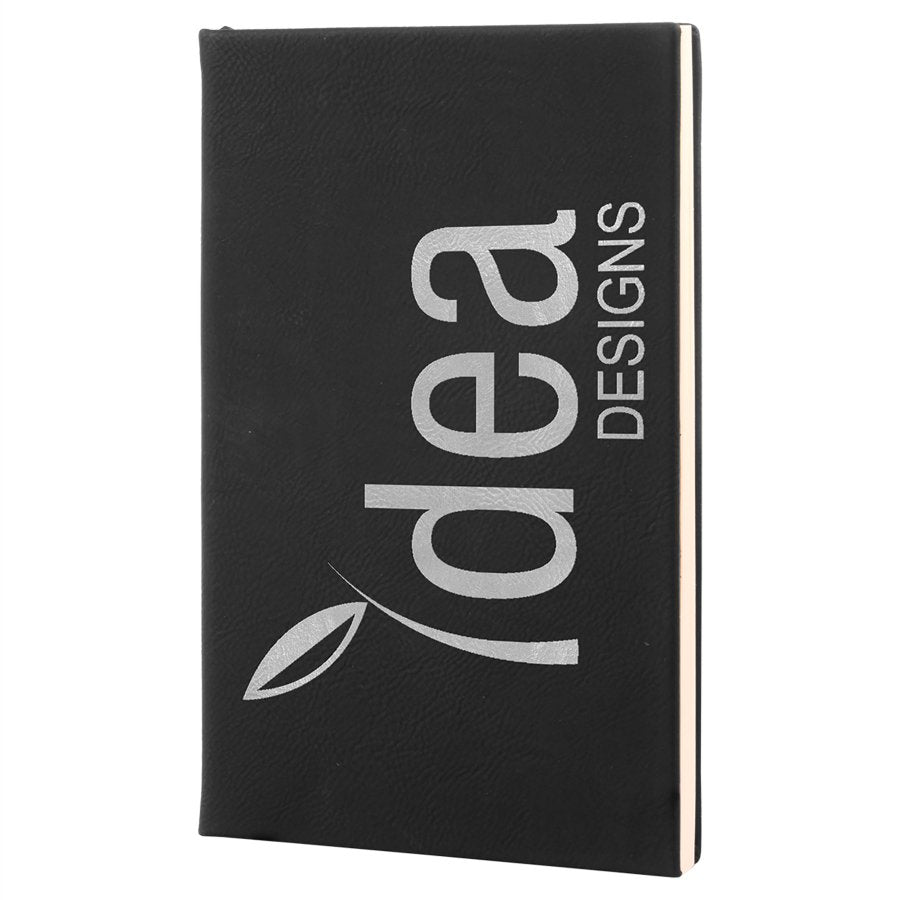 Personalized black/silver leatherette journal with lined pages, 5.25 x 8.25 inch