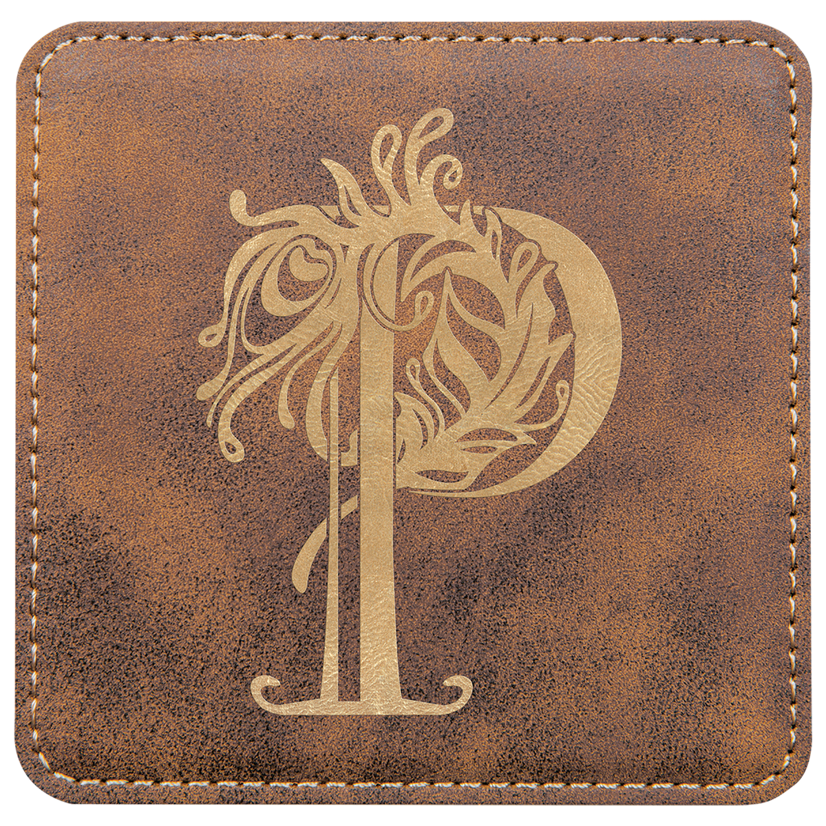 Personalized 4 inch square rustic/gold leatherette coaster