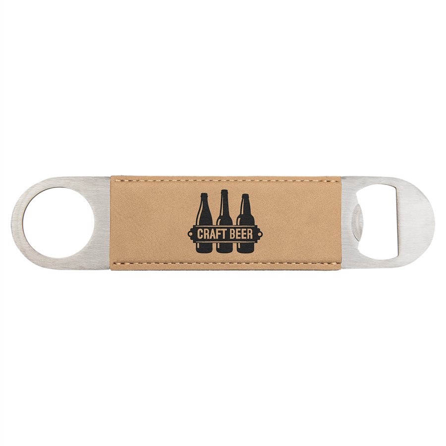 Personalized light brown leatherette 7 inch bottle opener