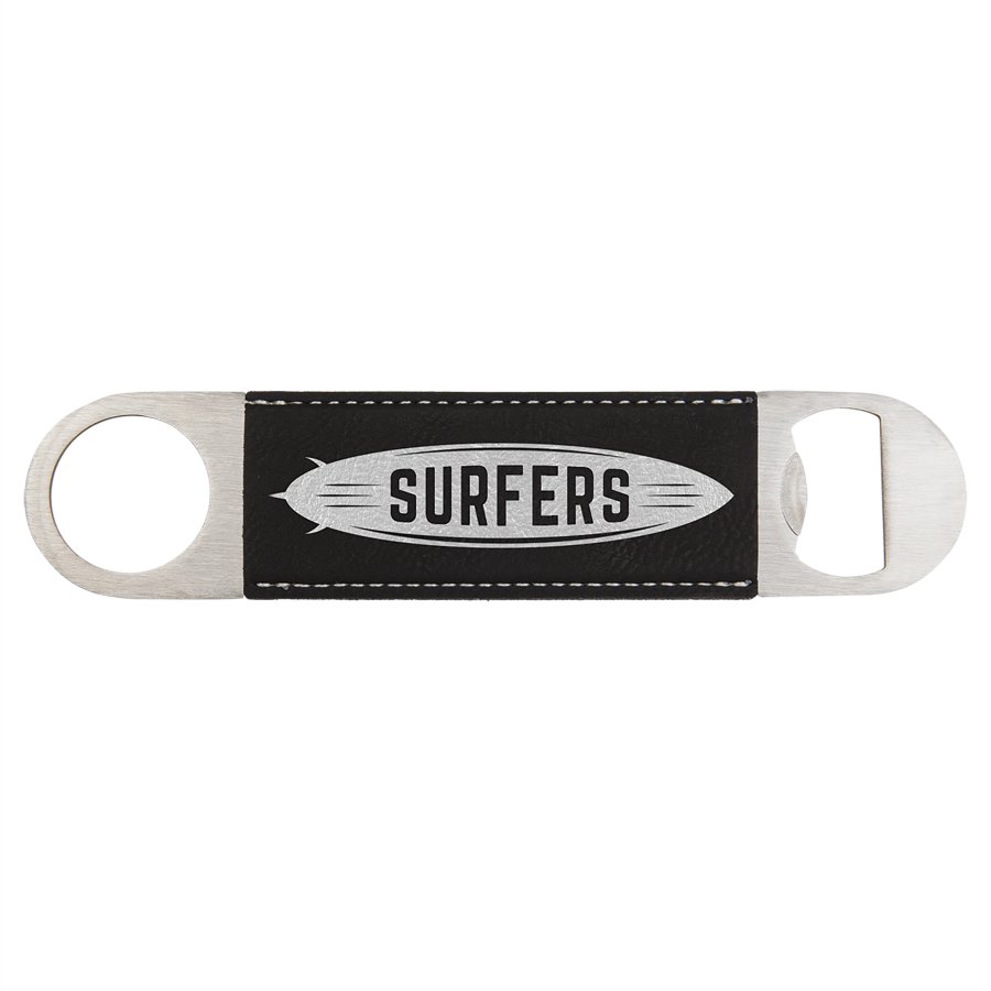 Personalized black/silver leatherette 7 inch bottle opener