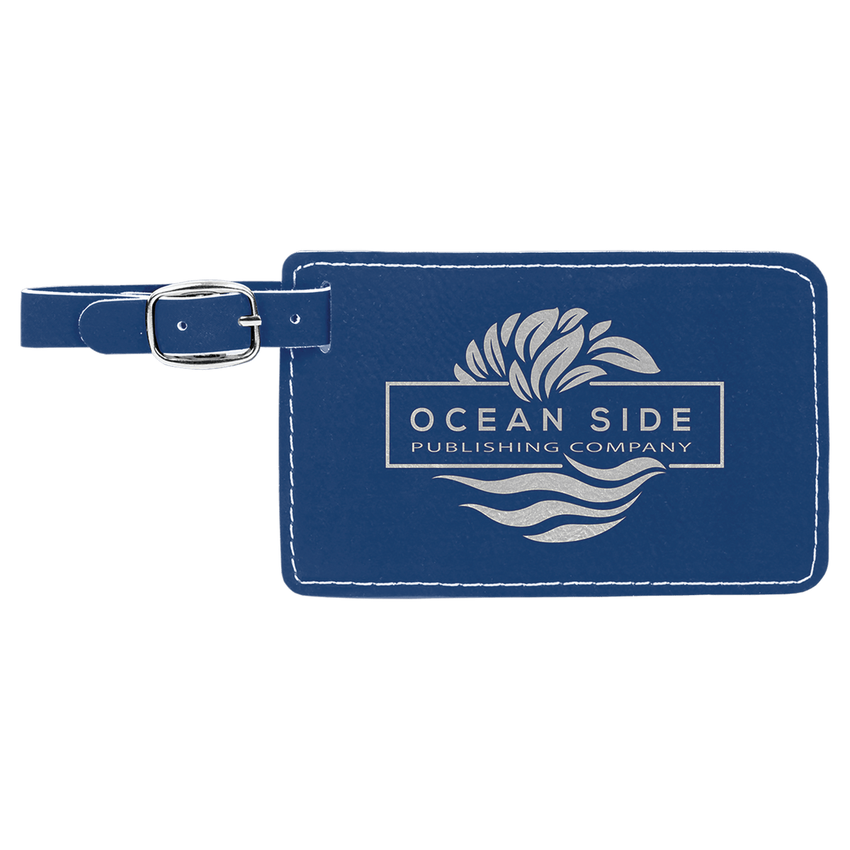 Personalized blue/silver leatherette luggage tag