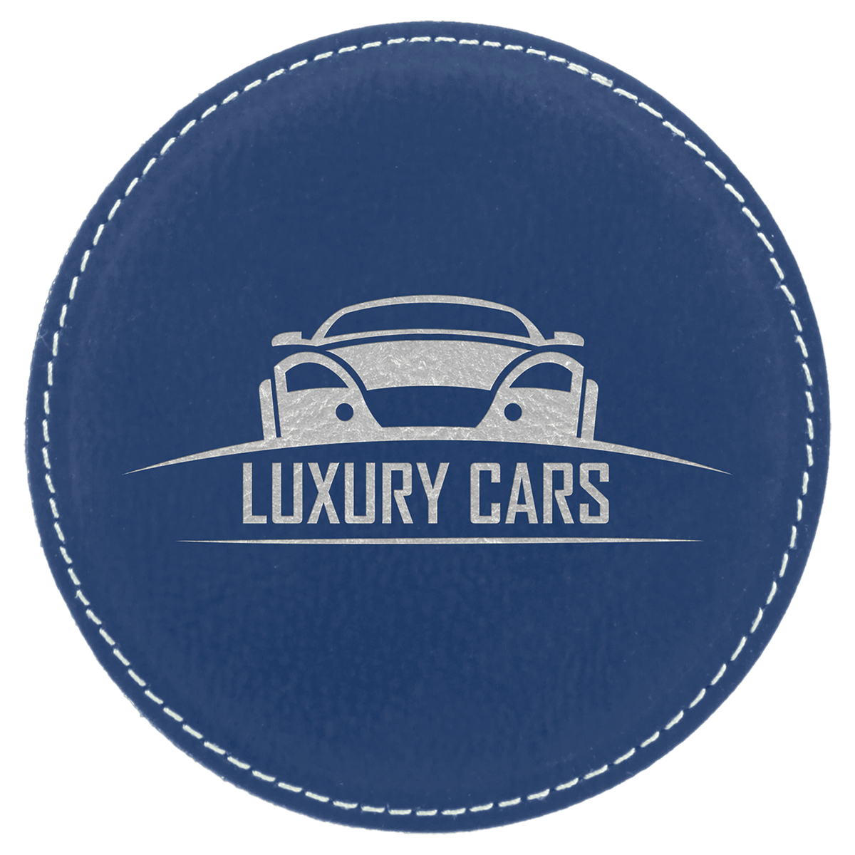 Personalized 4 inch round blue/silver leatherette coaster